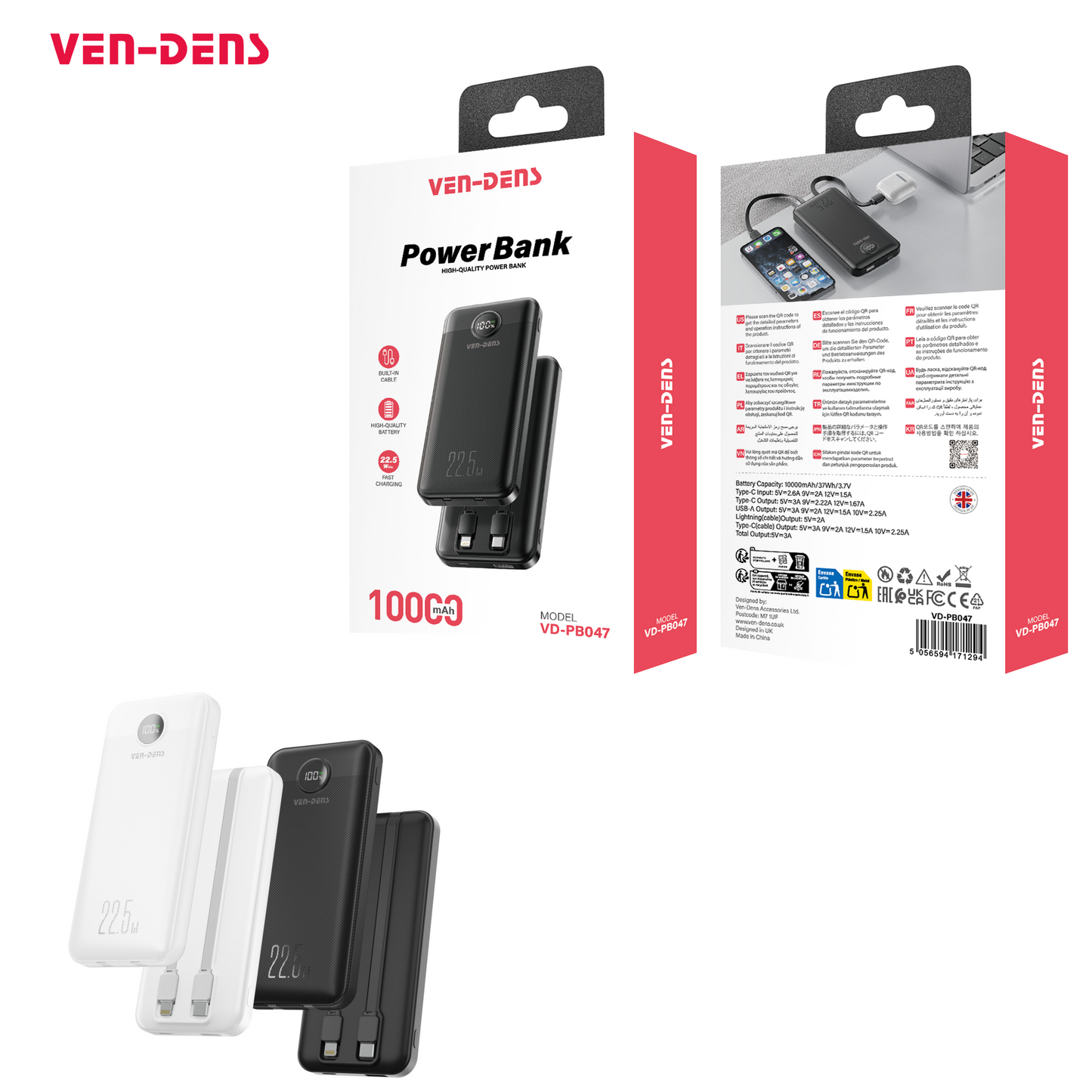 VEN-DENS VD-PB047 10000mAh Power Bank W/Cable