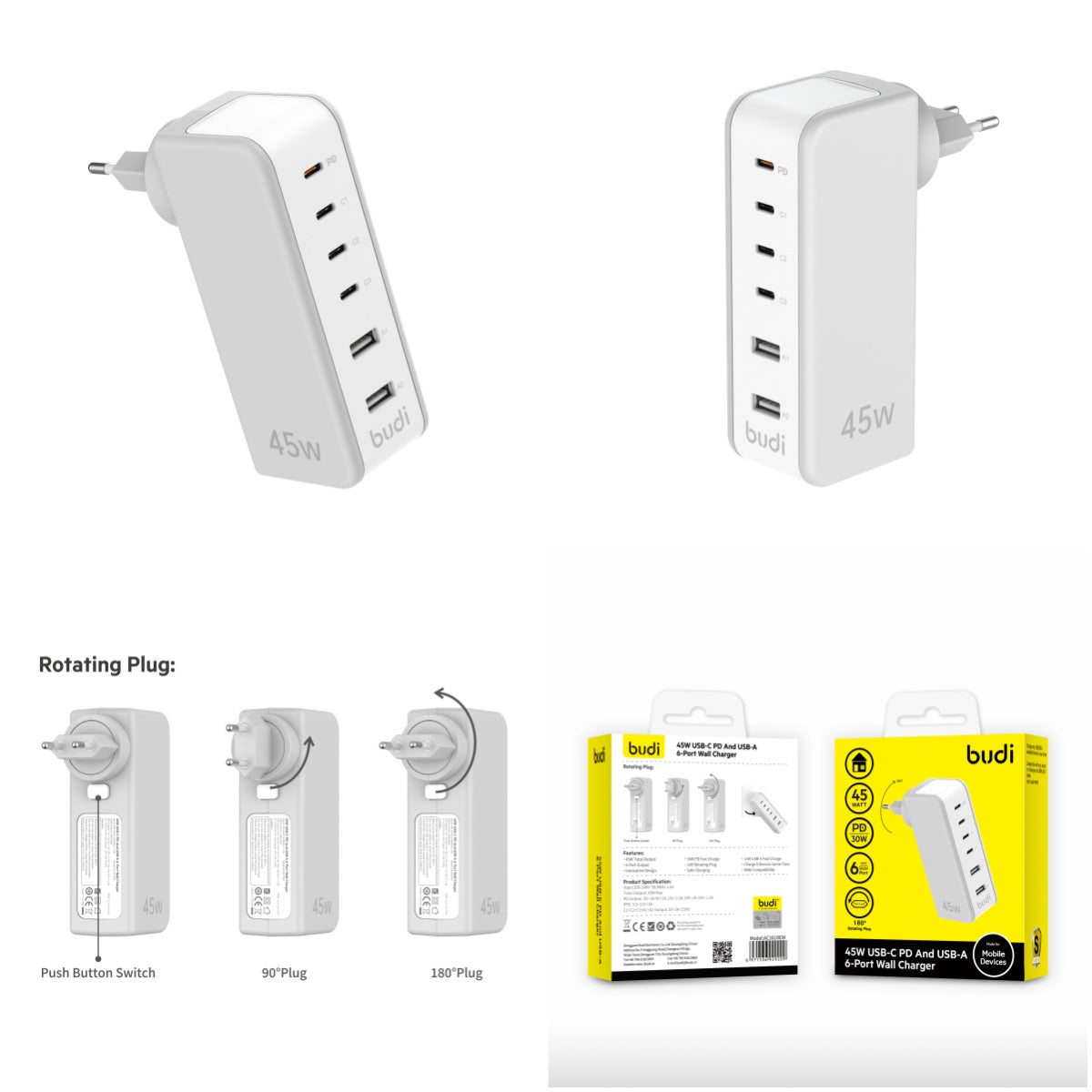 budi AC301REW 2*USB+45W 4PD Charger
