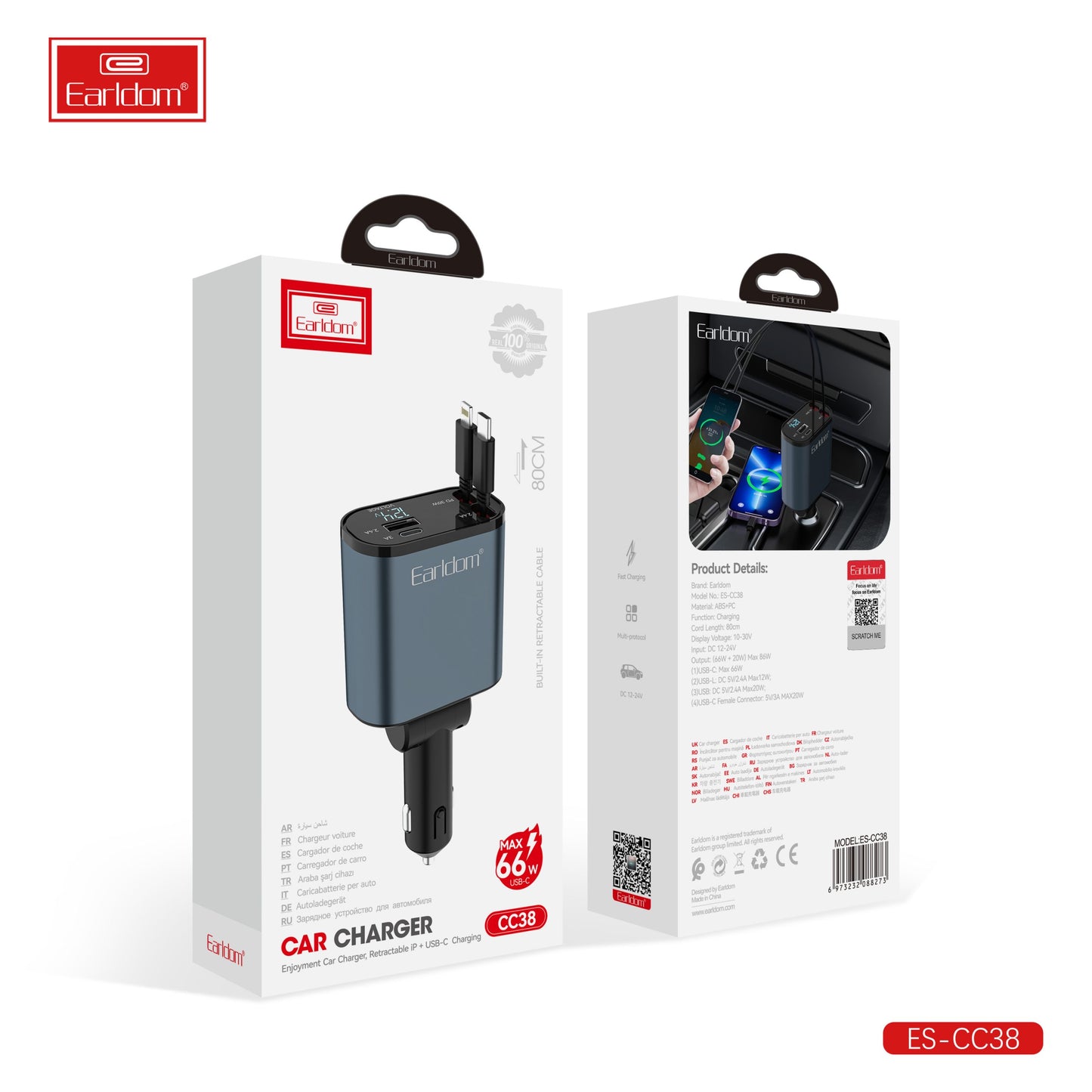 Earldom ES-CC38 iPhone+Type-C Car Charger W/Retractable Cable