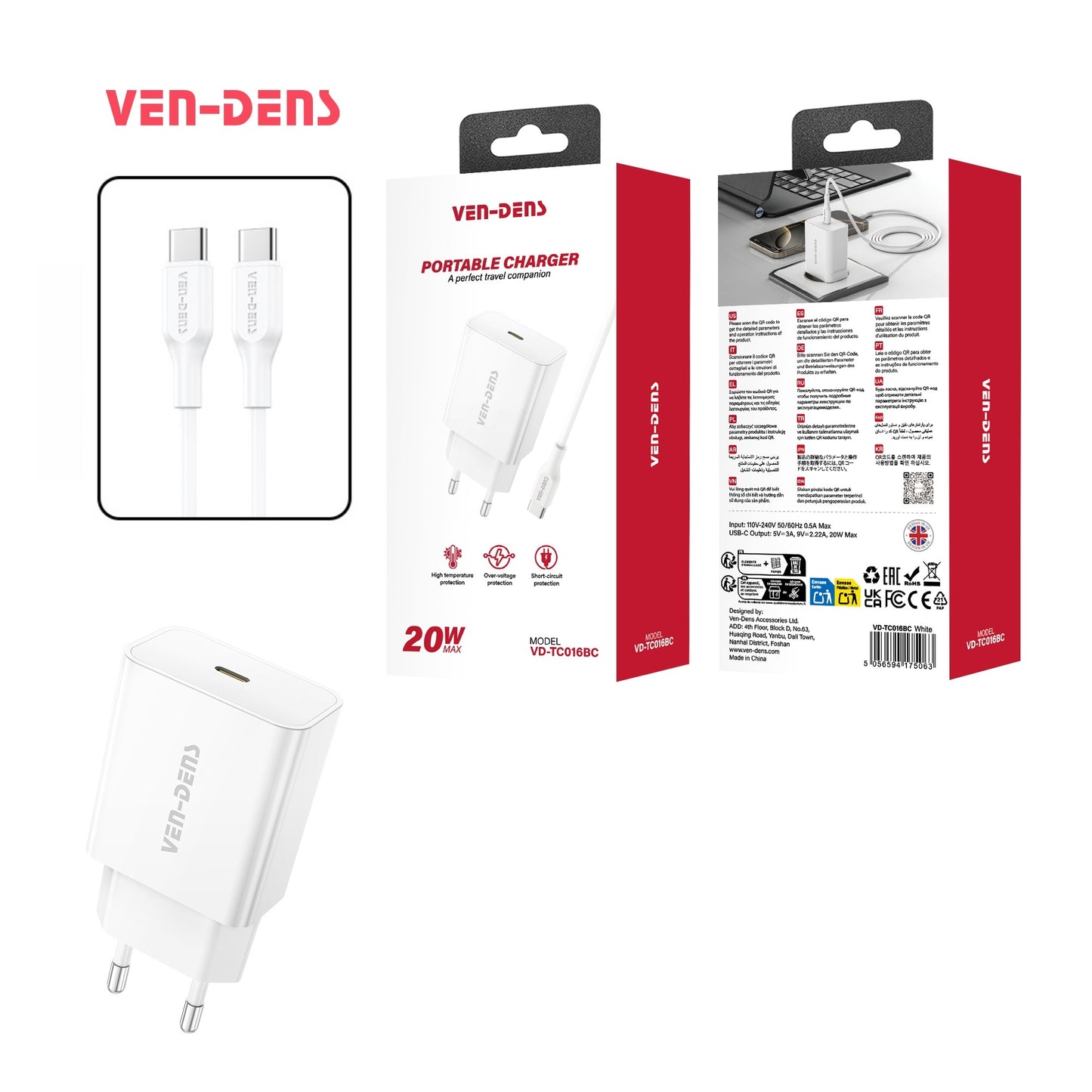 VEN-DENS VD-TC016BC Type-C~Type-C 20W Charger