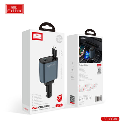 Earldom ES-CC38 iPhone+Type-C Car Charger W/Retractable Cable