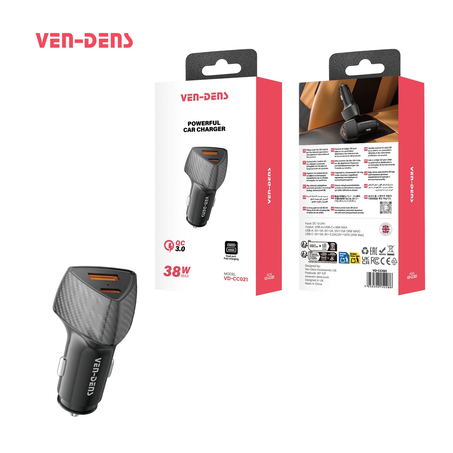 VEN-DENS VD-CC021 38W PD+USB Car Charger