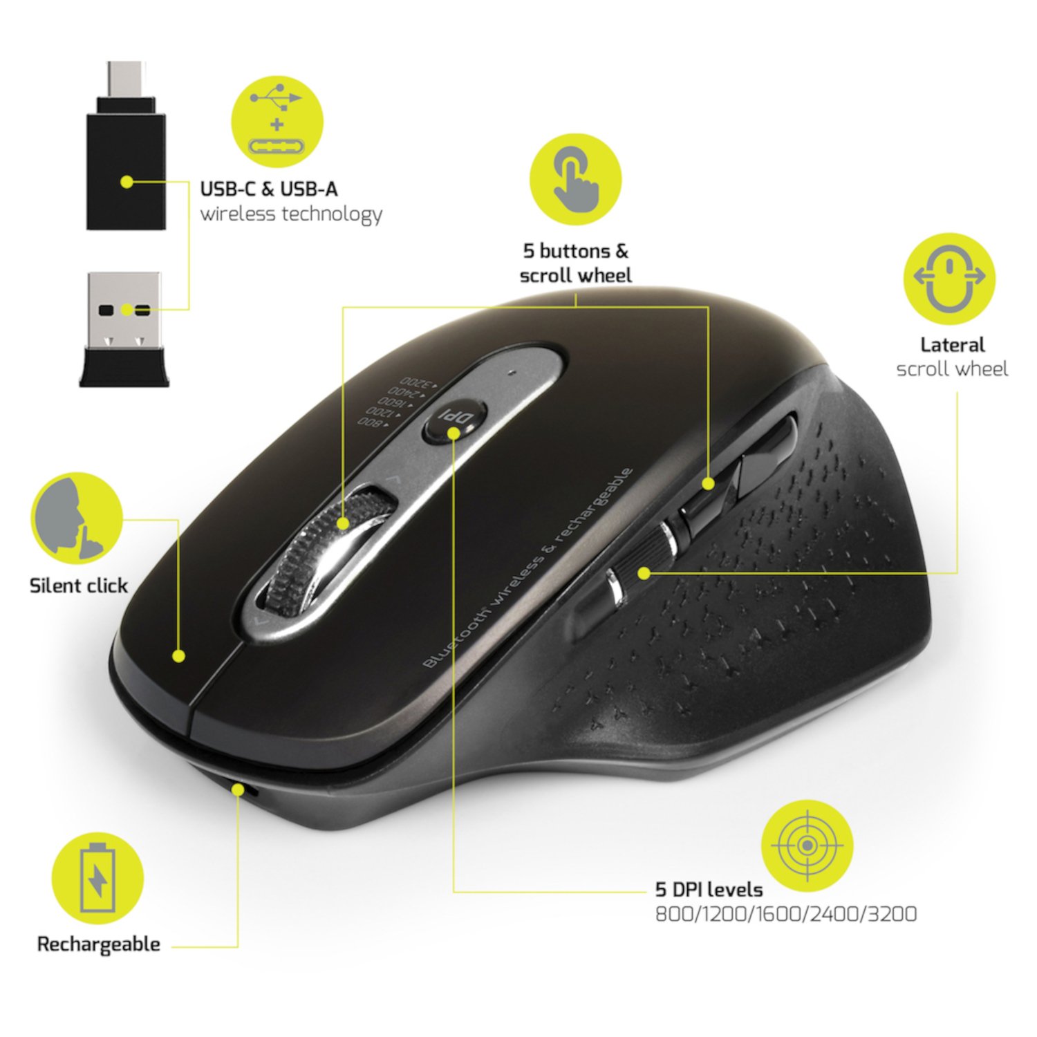 Port Connect Bluetooth Wireless and Rechargeable Executive Mouse - Black - Image 3